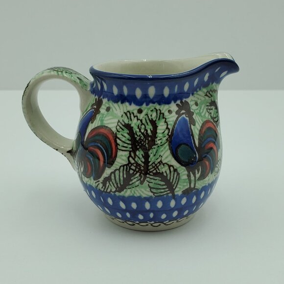Polish Pottery Rooster Row Creamer Unikat Small Blue & Green Rooster Creamer - Picture 1 of 8